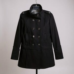 Vintage Guess Y2K Coat Jacket Women L Black Double Breasted Nautical Wool Grunge